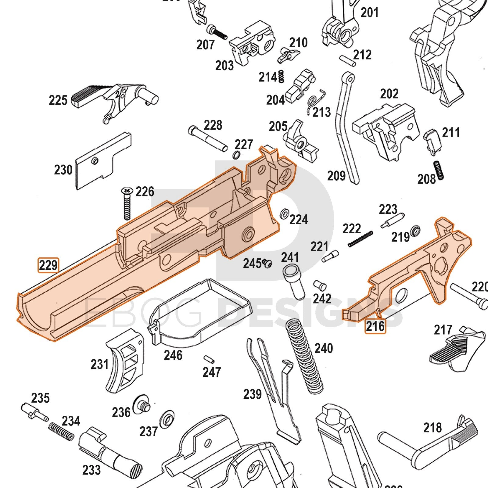 WE Hi-Capa full-auto lower parts diagram with the 3.9 frame set (5.1), parts 216 and 229, outlined
