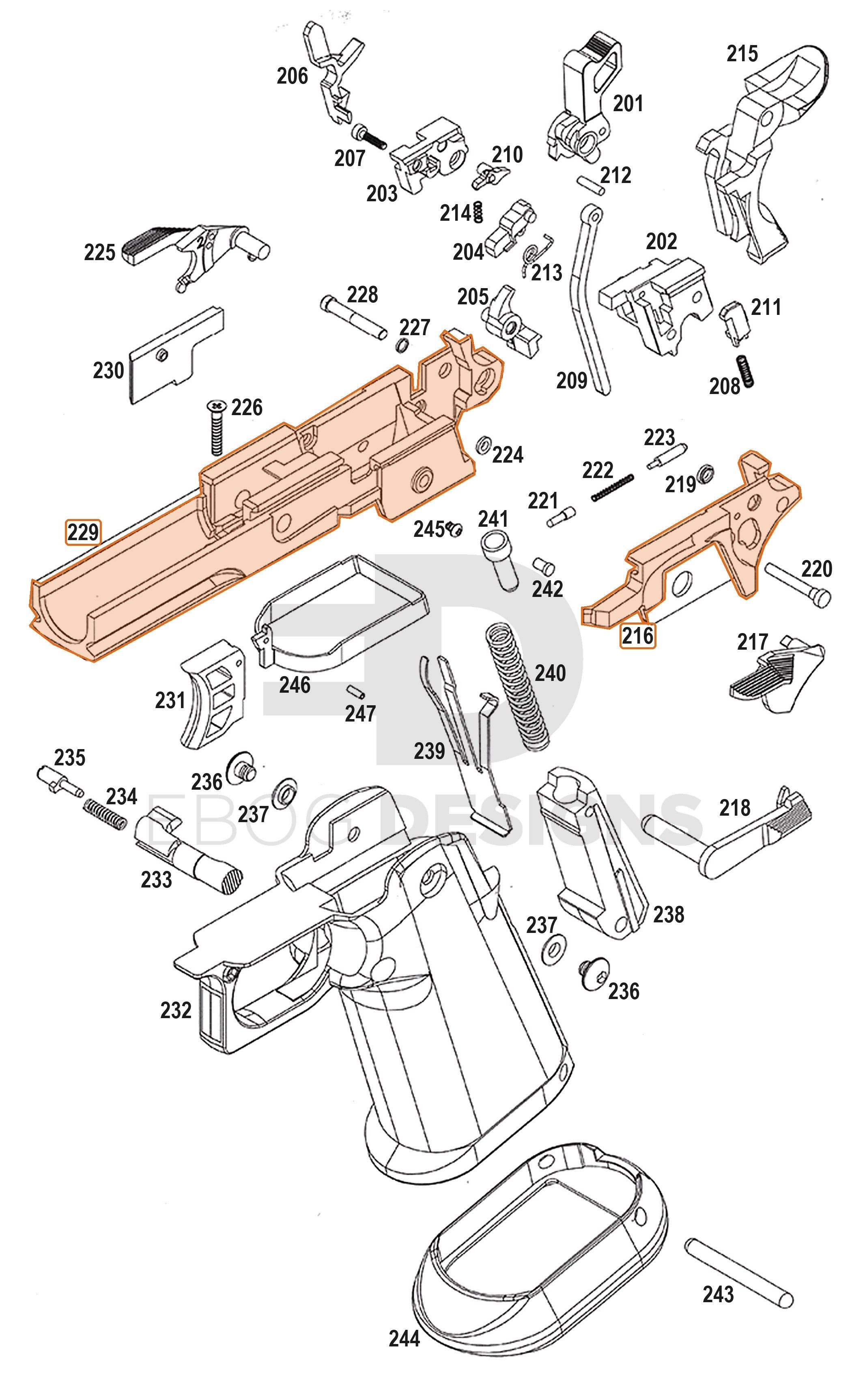 Full WE Hi-Capa full-auto lower parts diagram showing where the 3.9 frame set (5.1) fits (parts 216 and 229)