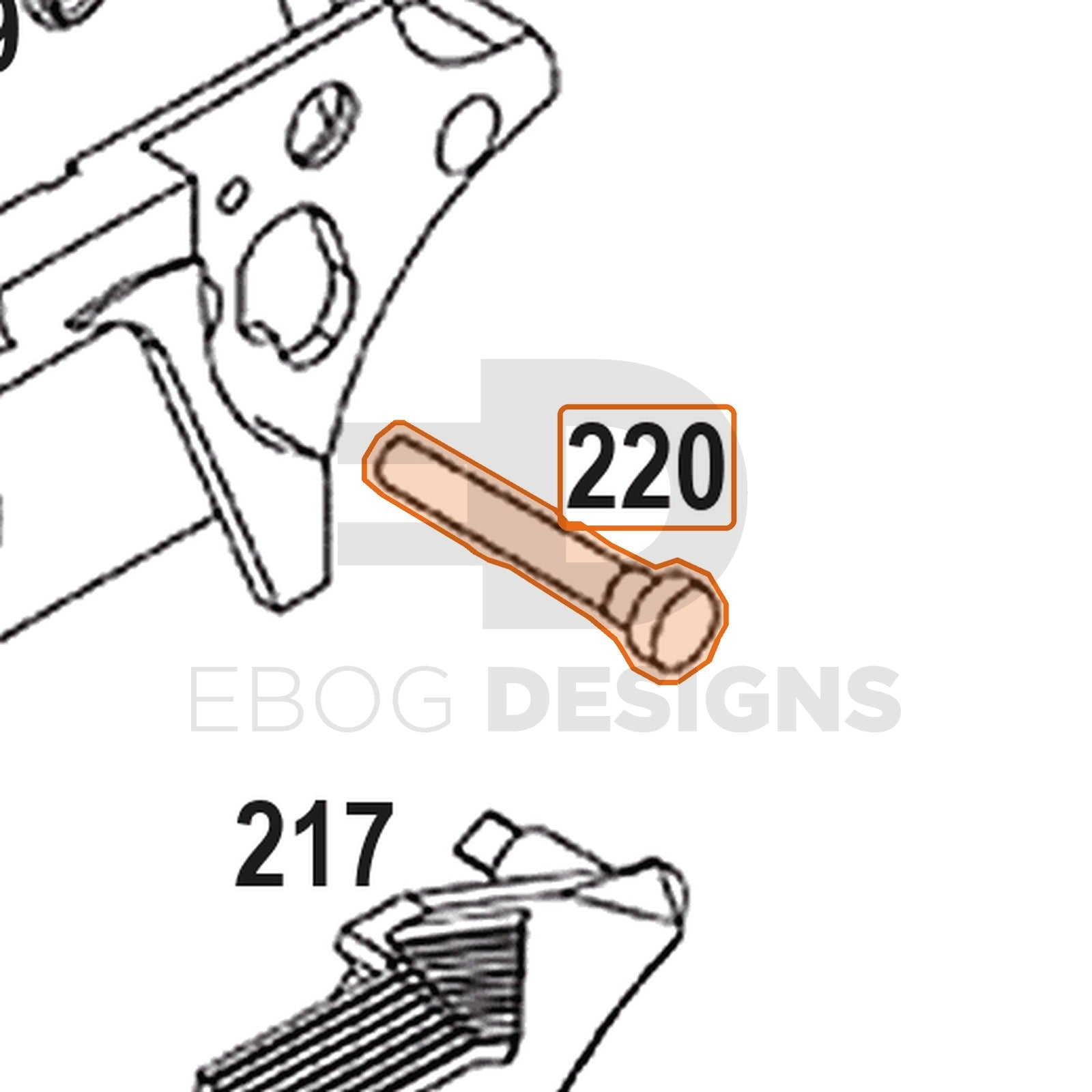 WE Hi-Capa full-auto lower parts diagram with the frame pin, part 220, outlined