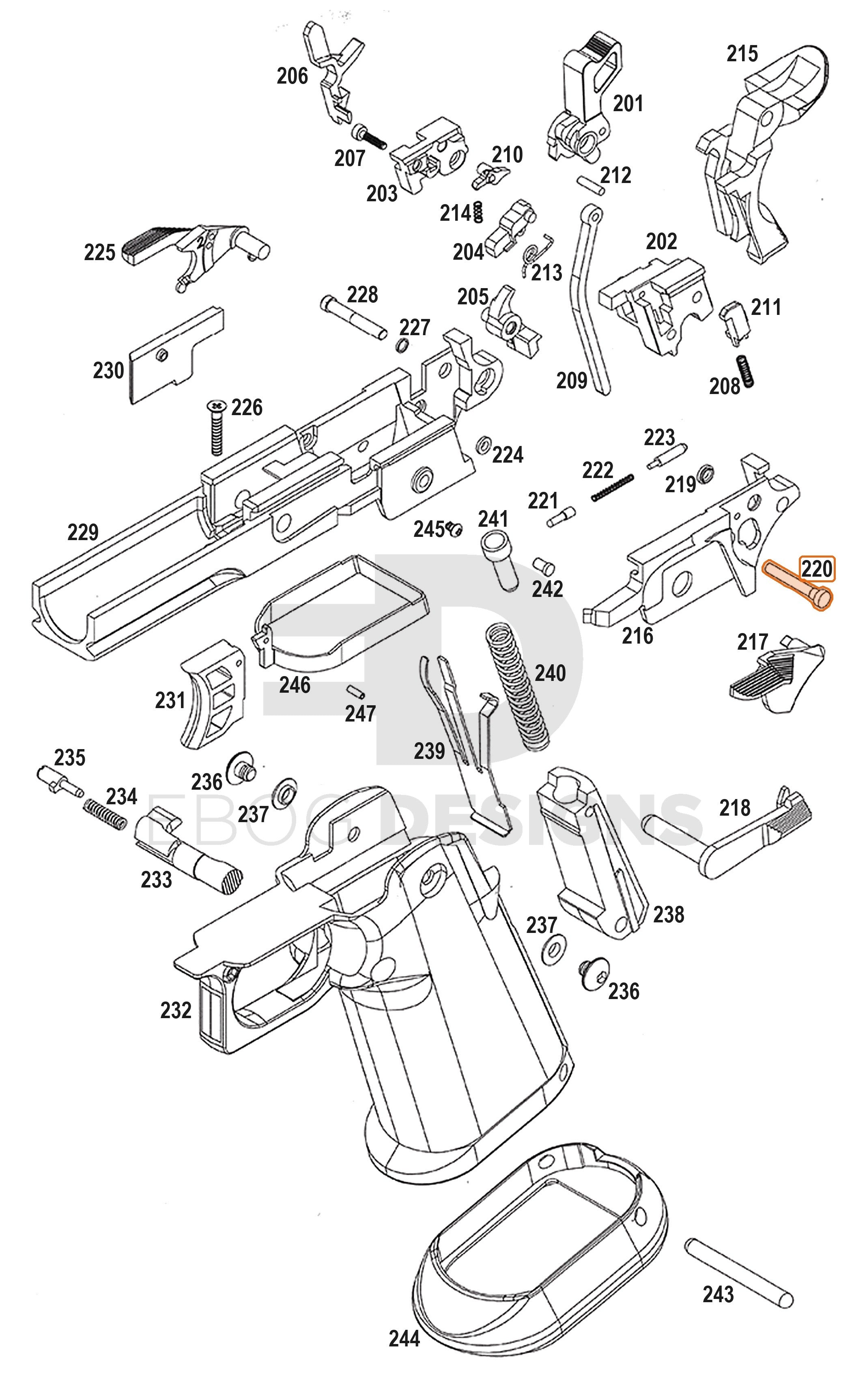 Full WE Hi-Capa full-auto lower parts diagram showing where the frame pin (part 220) fits