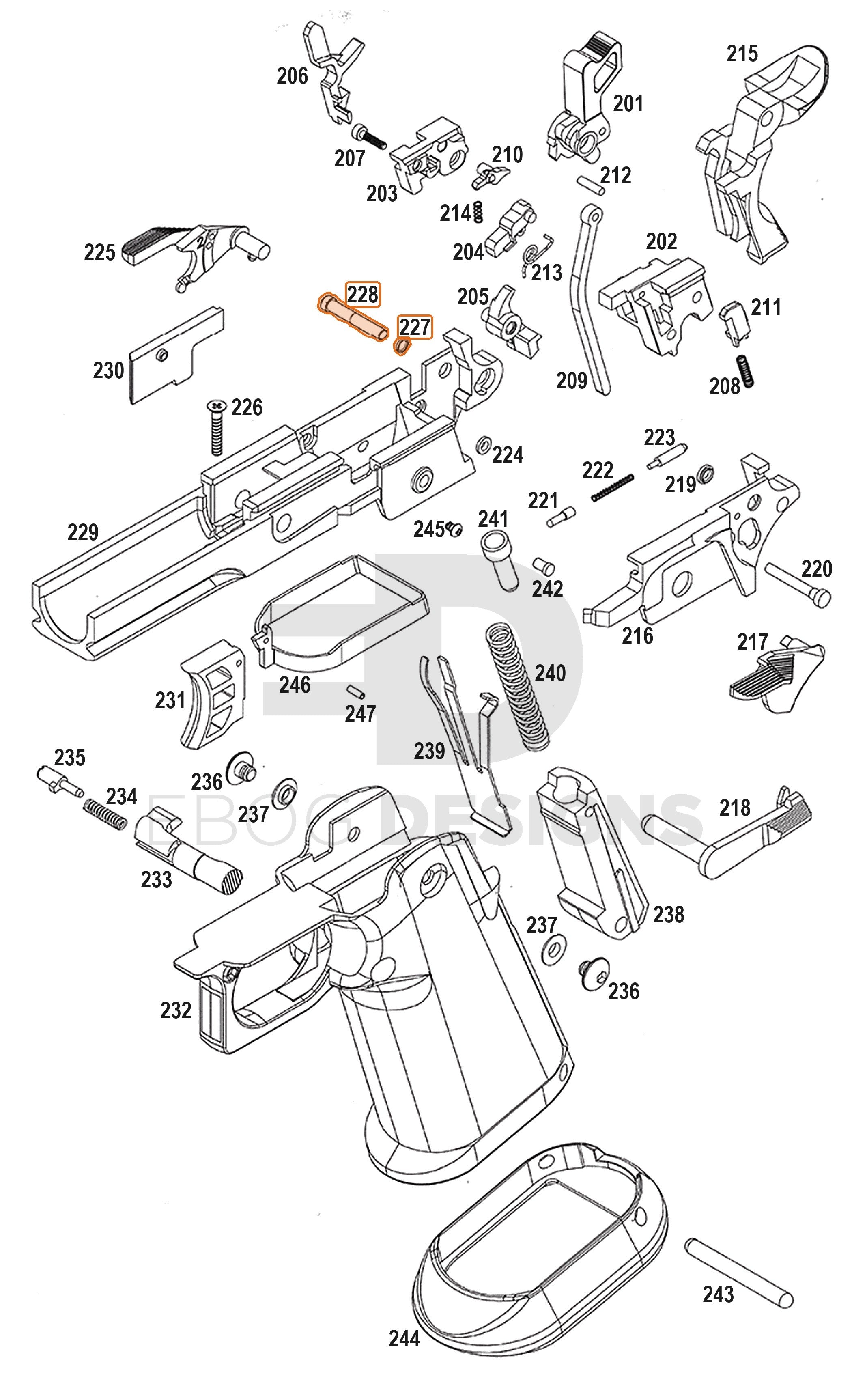 Full WE Hi-Capa full-auto lower parts diagram showing where the hammer pin and brass spacer (parts 227 and 228) fit