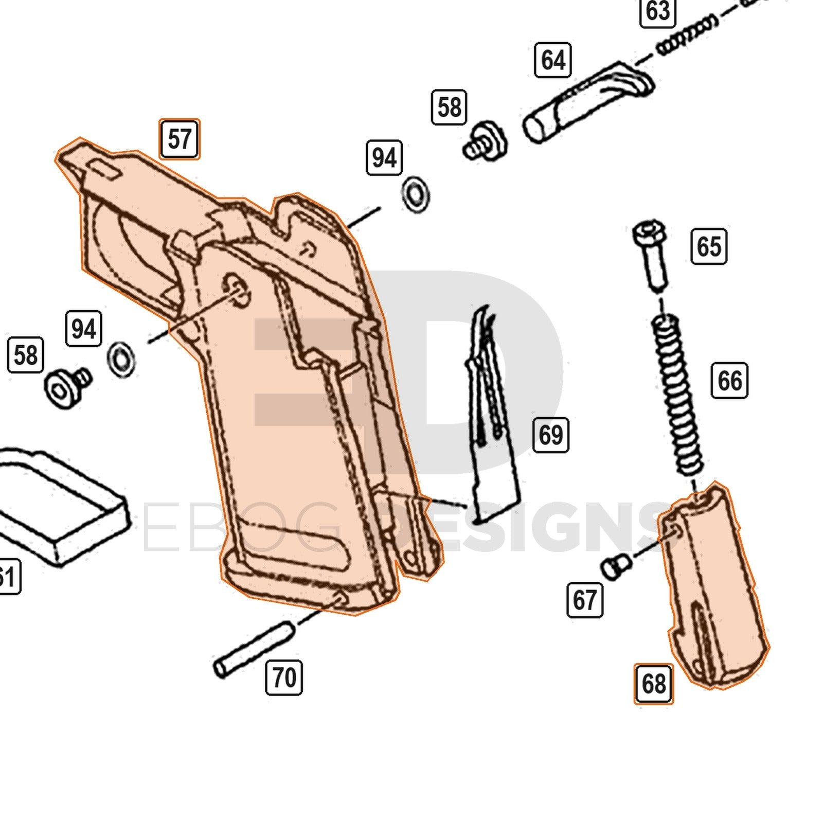 WE Hi-Capa parts diagram with the grip set, parts 57 and 68, outlined