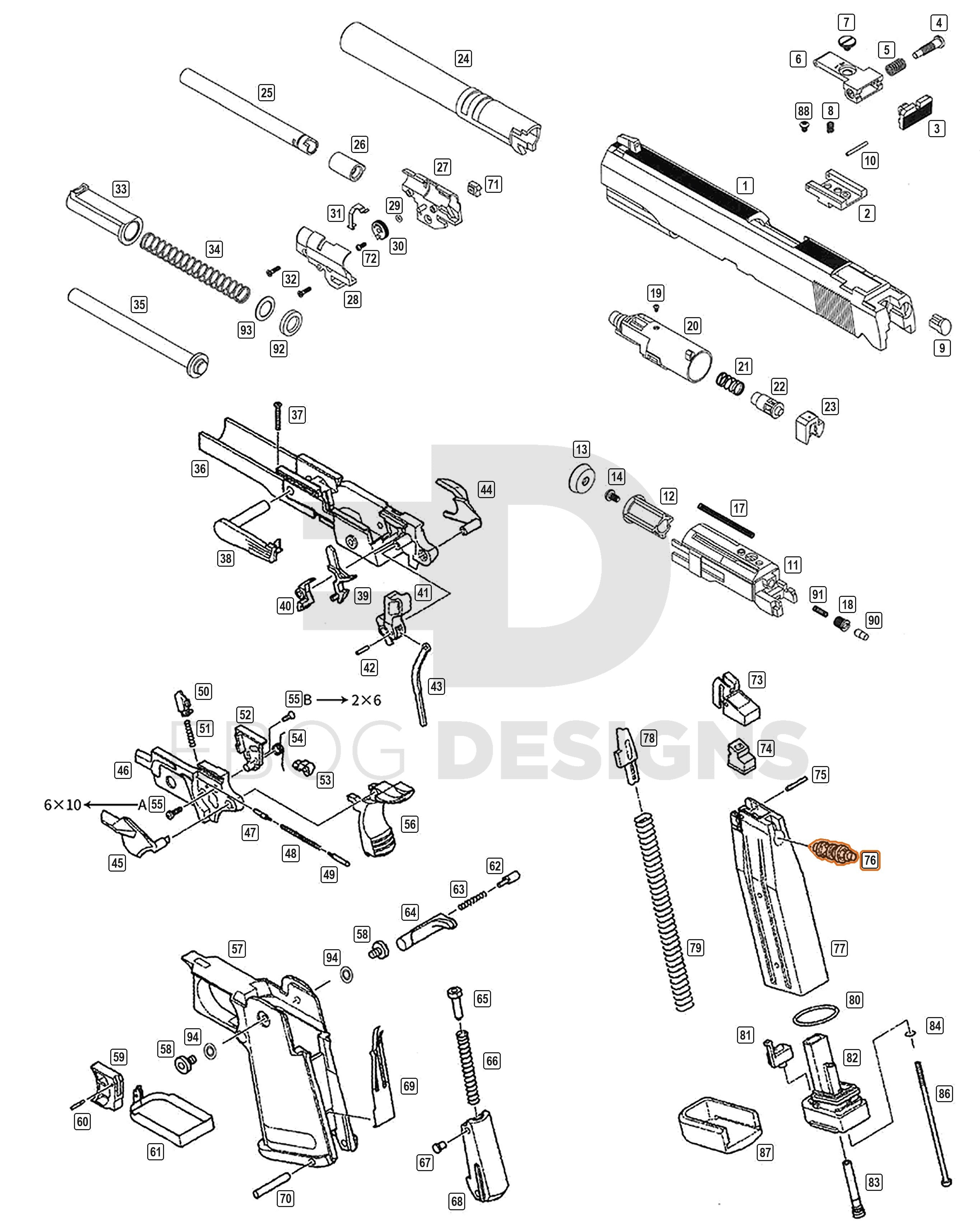 Full WE Hi-Capa parts diagram showing where the magazine exhaust valve (Type A) fits (part 76)