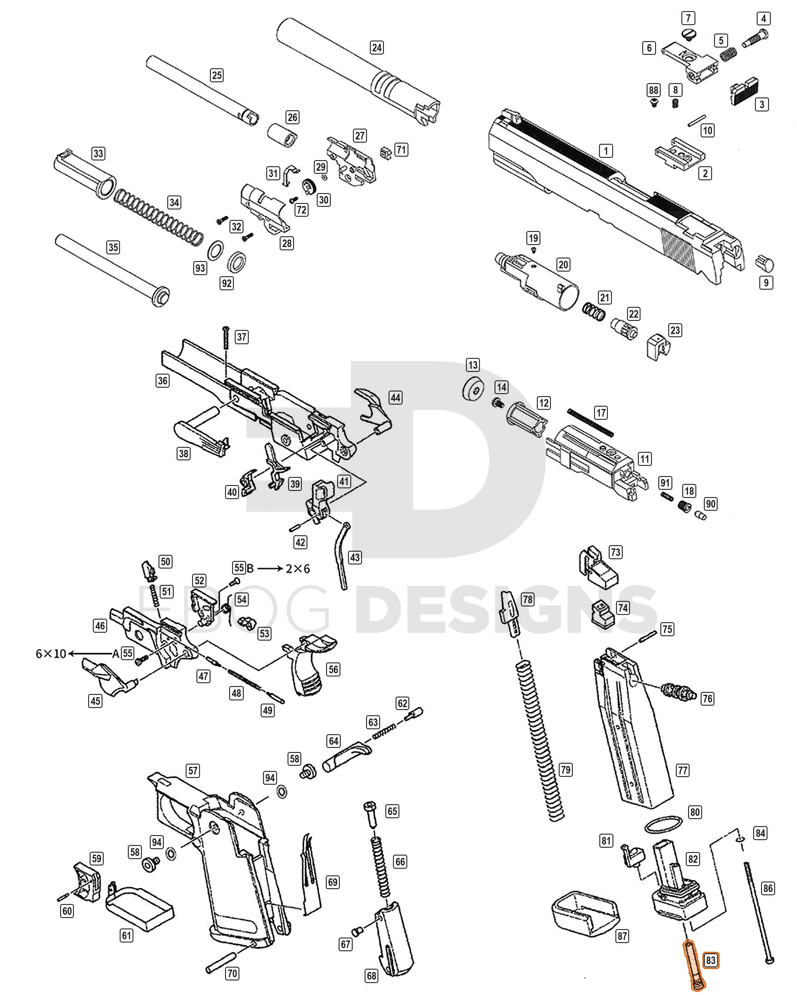 Full WE Hi-Capa parts diagram showing where the magazine fill inlet valve (part 83) fits
