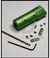 Hadron Designs Loki TDC hop-up chamber unit for the Action Army AAP-01 in green, shown with the included drill bit, hex keys, grub screws and colour-matched laser-cut Loki plate