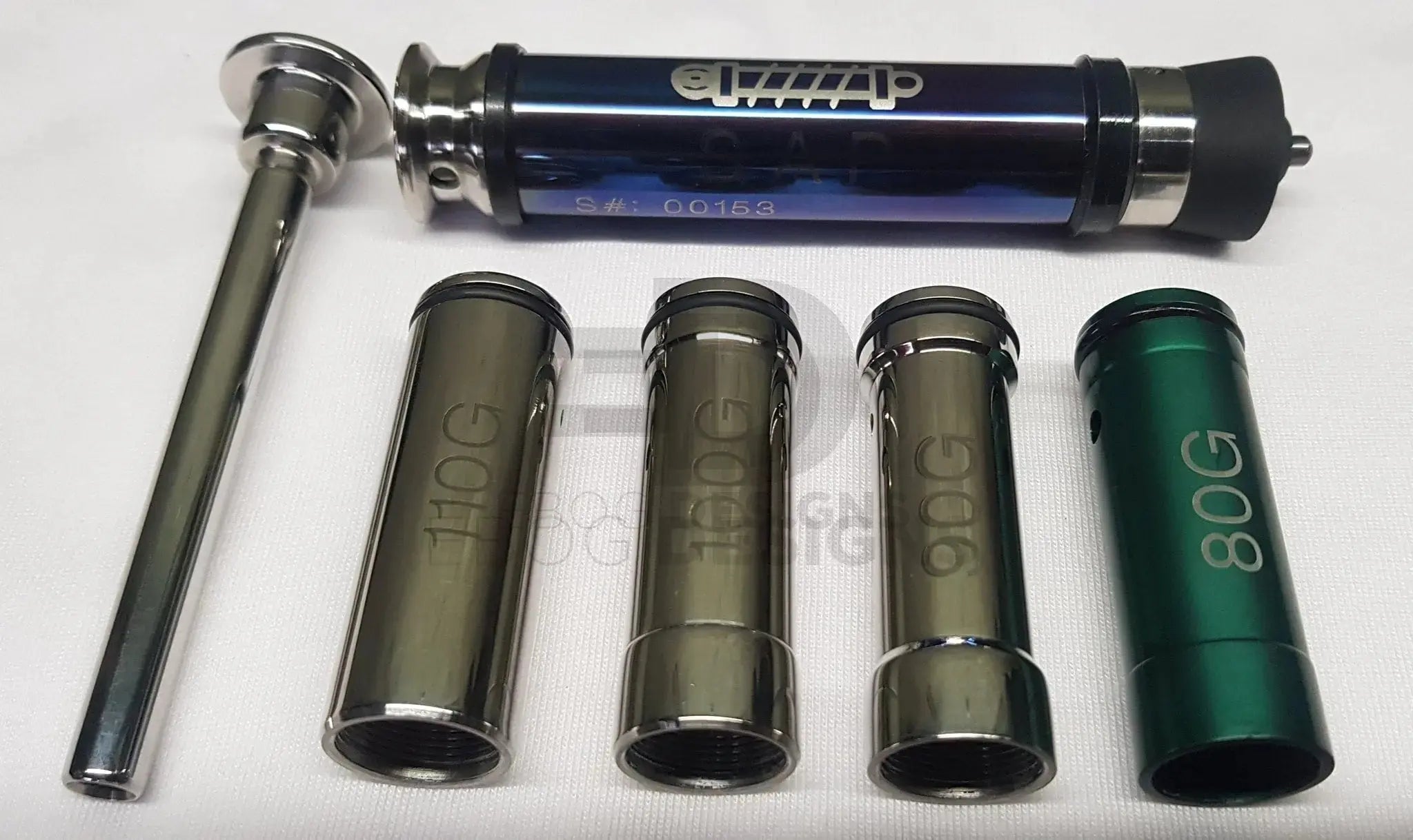 Edgi Custom Works SAP smooth-action piston kit for the VSR-10, with a stainless piston, cylinder assembly and interchangeable 80G/90G/100G/110G power sleeves